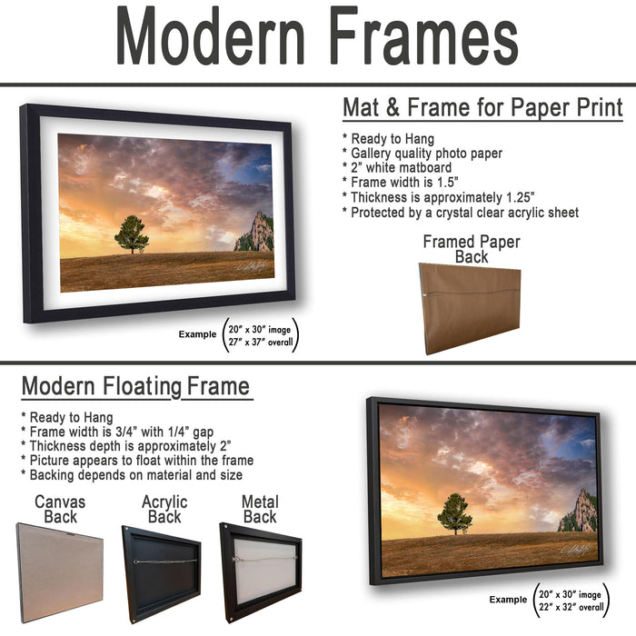 The image is a collage of three framed pictures, each depicting a different landscape scene. The first frame shows a sunset over a field, the second frame depicts a mountain landscape, and the third frame features a lone tree in a field. The frames are designed to hang on a wall, with the mat and frame for paper print and the modern floating frame for canvas back.