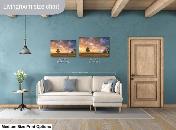 a living room with a white sofa, a wooden door, and a painting of a landscape on the wall. The living room appears to be modern and well-decorated.