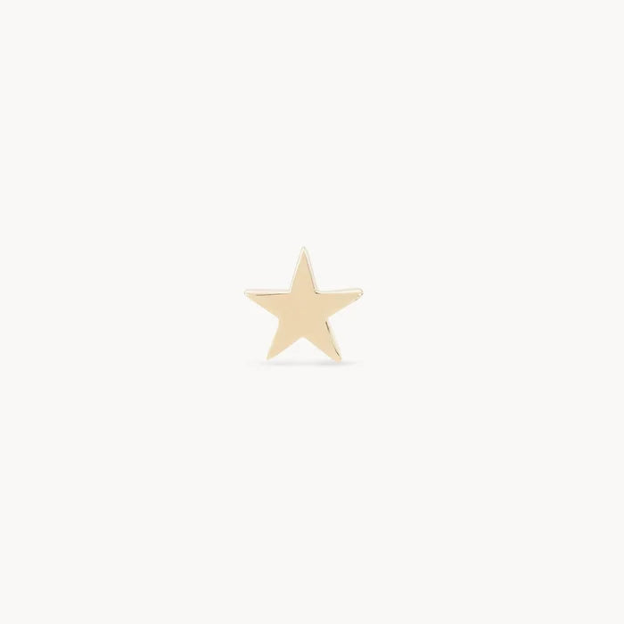 The **Everyday Little Stella Star Earring** by **bluboho**, crafted in 14k yellow gold, is presented against a plain white background. The earring features a sleek and polished design with five evenly spaced points, exuding simplicity and shine.