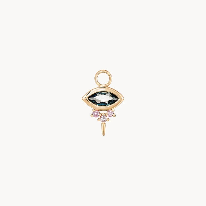 Front view of an evil eye shaped earring charm with marquise-shaped london blue topaz at the centre and three small pink sapphires underneath followed by a small spike at the bottom, displayed on a clean off-white background.