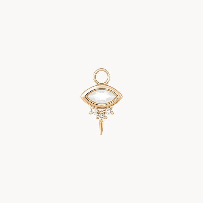 Front view of an evil eye shaped earring charm with marquise-shaped rainbow moonstone at the centre and three small diamonds underneath followed by a small spike at the bottom, displayed on a clean off-white background.