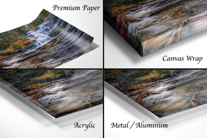 The image is a collage of four different images, each depicting a waterfall scene. The images are labeled as "Premium Paper", "Canvas Wrap", "Acrylic", and "Metal/Aluminum".
