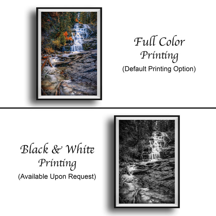 The image is a collage of two framed pictures. The top picture is a full color print of a waterfall, while the bottom picture is a black and white print of the same waterfall. Both pictures are framed and available upon request.