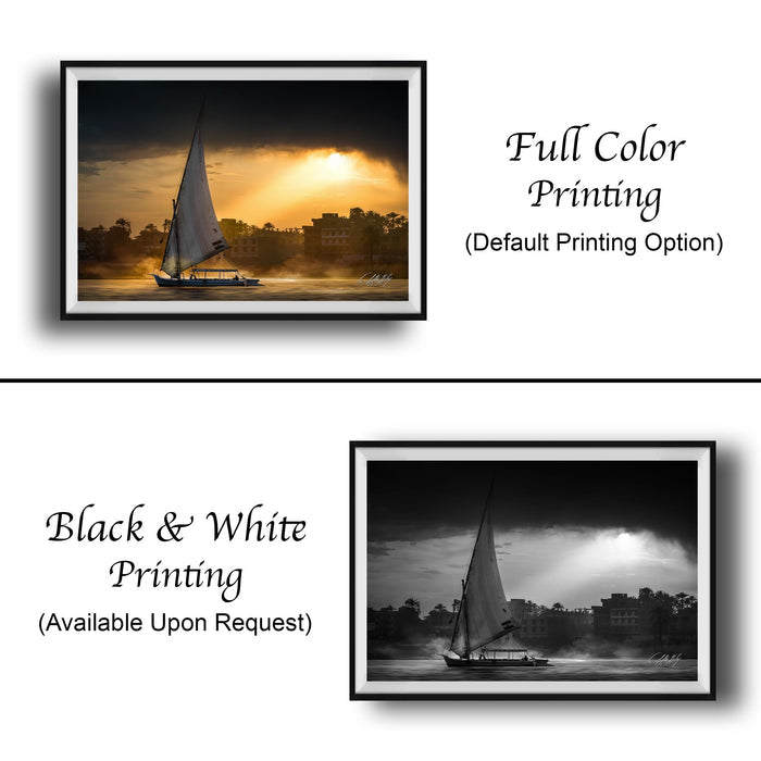 felucca sailboat art, nile river sunset print, luxor egypt fine art, egypt river photography, luxury travel wall art, serene river landscape, egyptian culture artwork, nile boat photography, sunset fine art print, timeless travel decor, historic river wall art, luxury collector photography, egypt fine art print, calming interior artwork