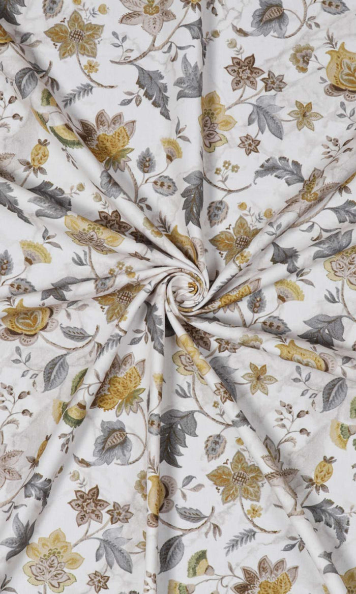 Floral Cotton Fabric Material By the Metre (Grey/ Yellow)