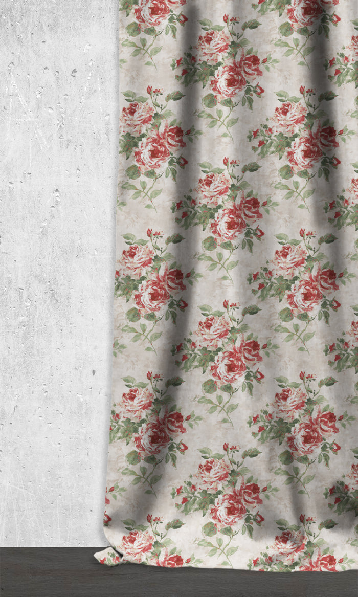 Dimout Floral Drapery (Red/ Pale Grey)