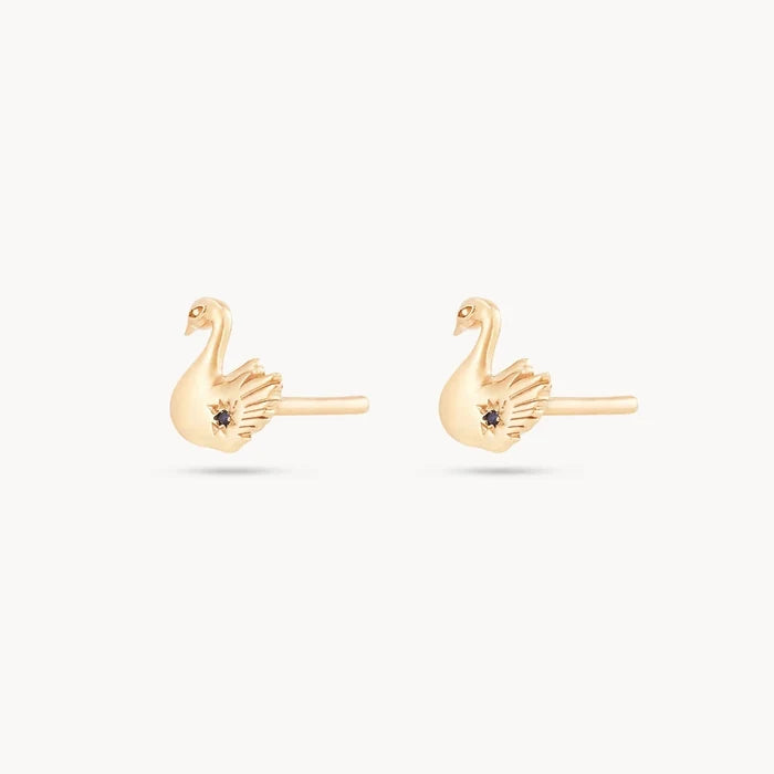Floating Swan Studs in 14k yellow gold with blue sapphire, alternate angle detail view 2