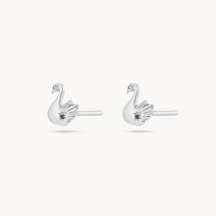 Floating Swan Studs in sterling silver with blue sapphire, alternate angle detail view 2
