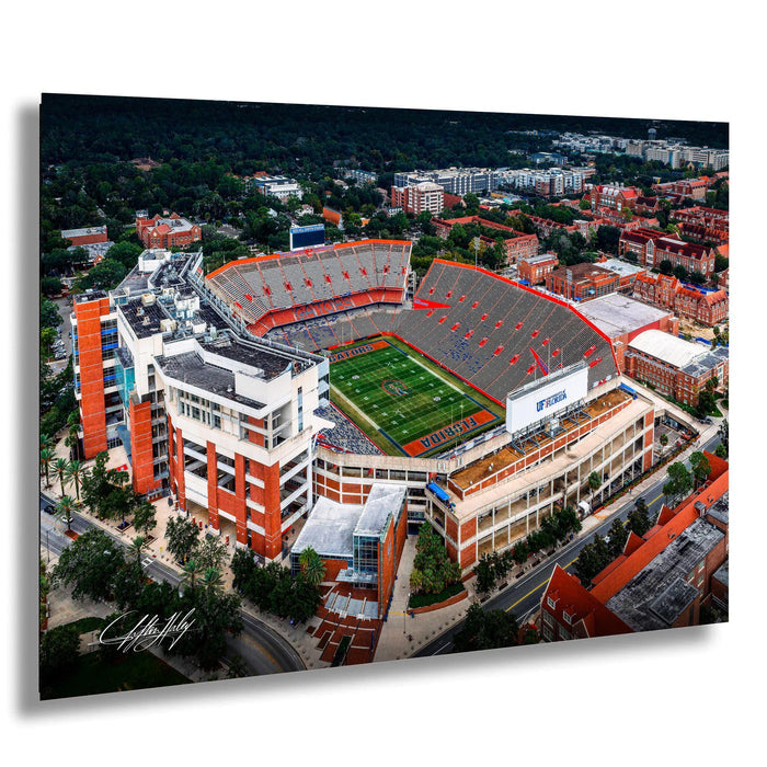 An aerial view of a large sports stadium with a football field, surrounded by buildings and trees.