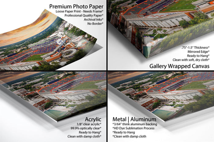 The image is a collage of four different printed materials, including a premium photo paper, a loose paper print, a gallery-wrapped canvas, and an acrylic print. Each material has its own unique characteristics and uses, such as the premium photo paper for high-quality prints, the loose paper print for a more casual, handmade look, the gallery-wrapped canvas for a professional and polished appearance, and the acrylic print for a more affordable and accessible option.