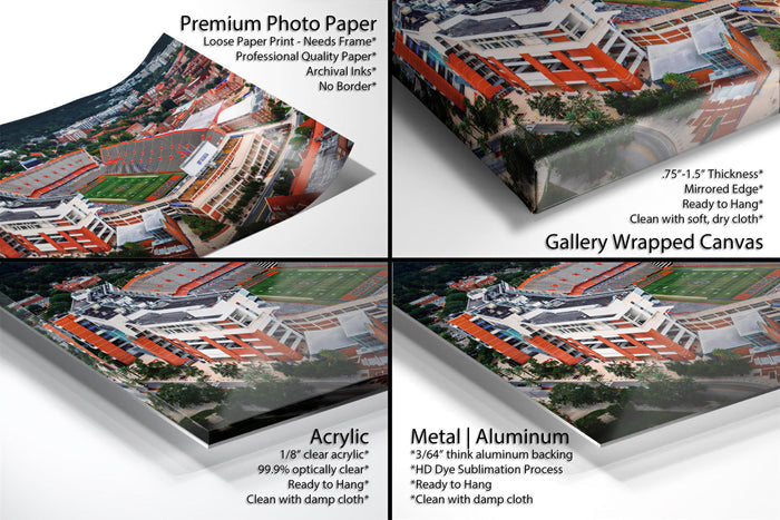 The image is a collage of four different printed materials, including a premium photo paper, a loose paper print, a gallery-wrapped canvas, and an acrylic print. Each material has its own unique characteristics and uses, such as the premium photo paper for high-quality prints, the loose paper print for a more casual and affordable option, the gallery-wrapped canvas for a professional and polished look, and the acrylic print for a more affordable and versatile choice.