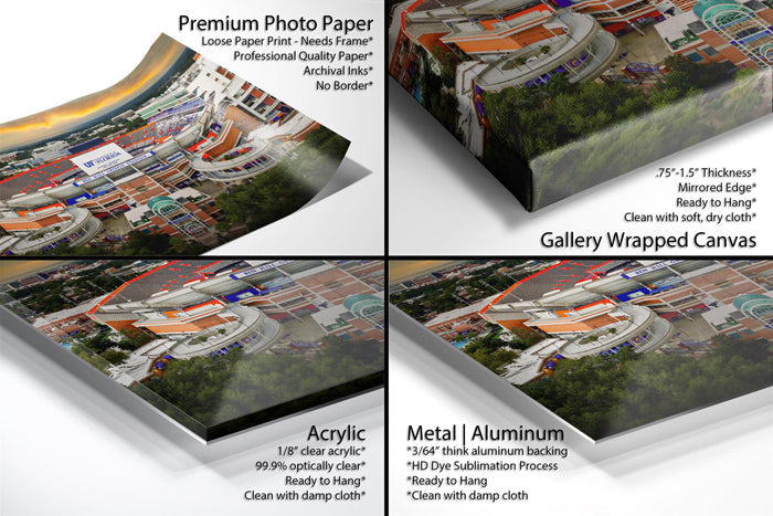 The image is a collage of four different printed materials, including a premium photo paper, a loose paper print, a gallery-wrapped canvas, and a metal/aluminum print. Each material has distinct characteristics and uses, such as the premium photo paper for high-quality prints, the loose paper print for a more casual, handmade look, the gallery-wrapped canvas for a professional and polished appearance, and the metal/aluminum print for a more industrial and durable option.