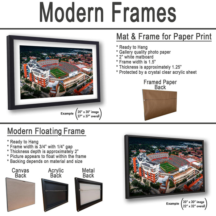 The image is a collage of two framed pictures, one of a stadium and one of a city skyline, both featuring modern designs. The framed picture is a mat and frame for a paper print, while the other is a modern floating frame.
