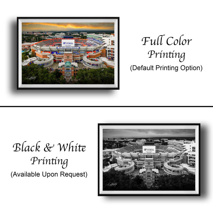 The image is a collage of two framed pictures. The top picture is a full color print of a stadium, while the bottom picture is a black and white print of the same stadium. Both pictures are framed and available upon request.