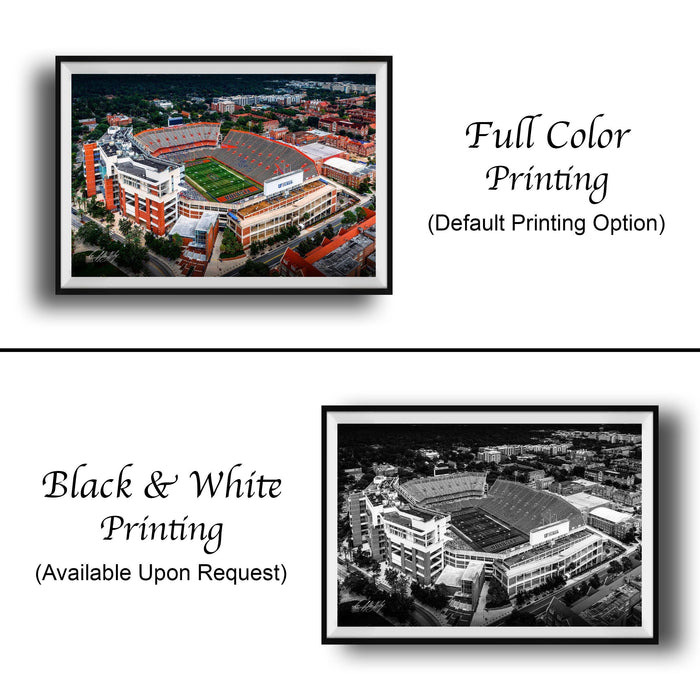 The image is a collage of two framed pictures. The top picture is a full color print of a stadium, while the bottom picture is a black and white print of the same stadium. Both pictures are framed and available upon request.