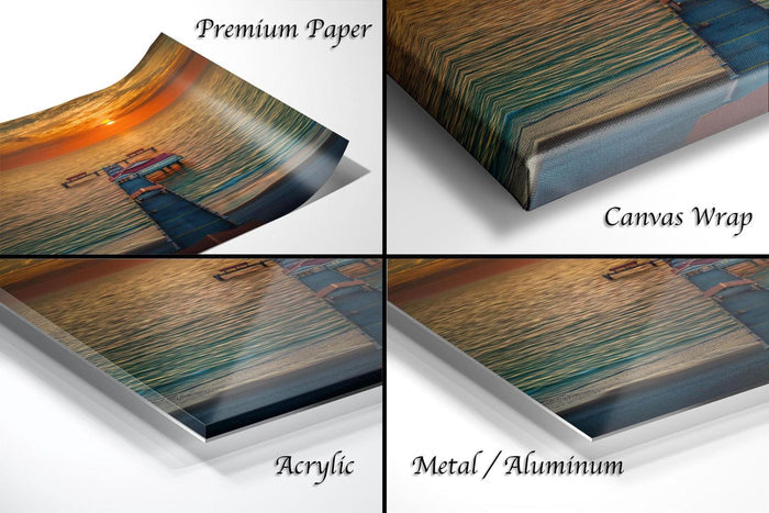 The image is a collage of four different views of a sunset over a body of water, each with a different finish or material.