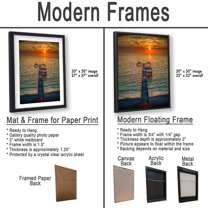 The image is a comparison of modern framed prints and modern floating frames for paper print photography. It displays two different types of frames, one for paper print and one for floating frame photography, with a focus on their design, materials, and features.