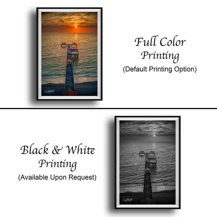 The image is a collage of two framed pictures. The top picture is a full color print of a lighthouse on the beach at sunset, while the bottom picture is a black and white print of the same lighthouse. Both pictures are framed and available upon request.