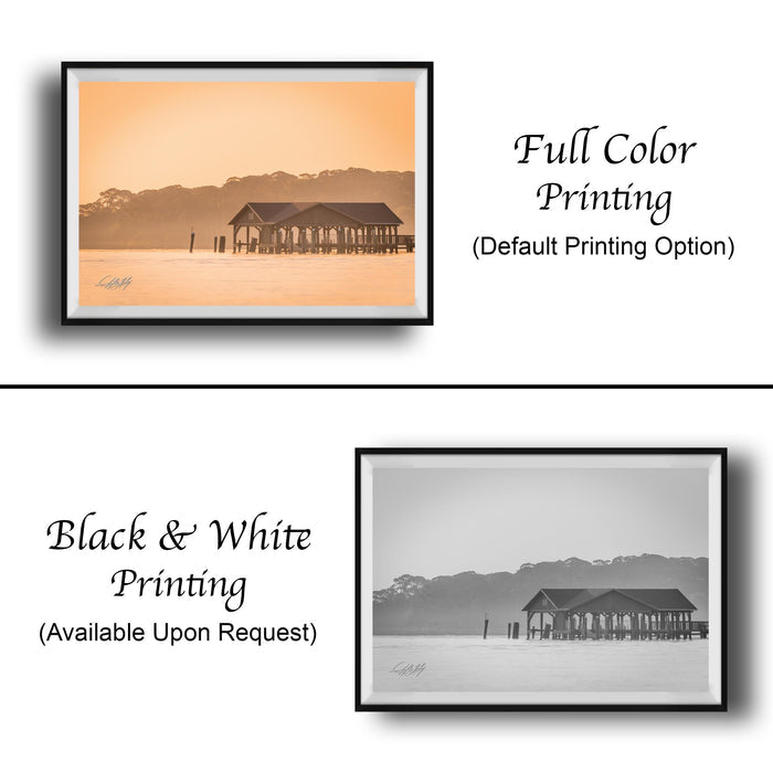 The image is a collage of two framed pictures. The top picture is a black and white photograph of a pier, while the bottom picture is a full color photograph of the same pier. The bottom picture is labeled as "Full Color Printing (Default Printing Option)" and the top picture is labeled as "Black & White Printing (Available Upon Request)"