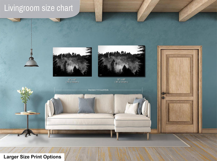 a living room with a white sofa, a wooden door, and two framed black and white landscape photographs hanging on the wall.