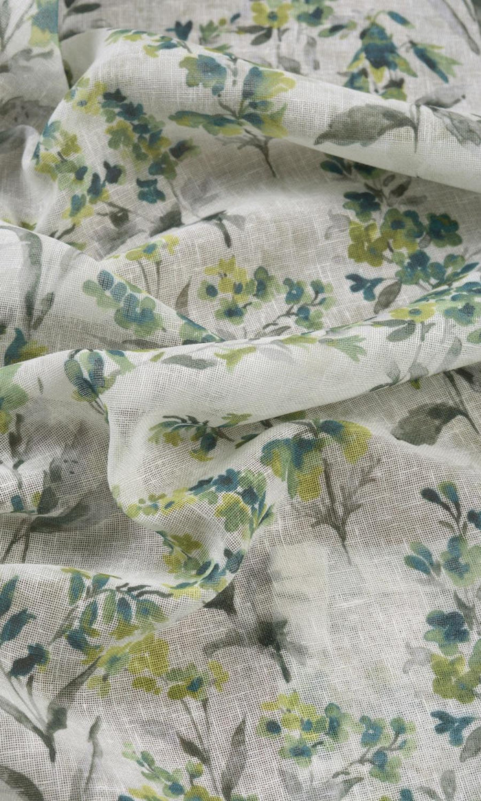 Sheer Floral Print Fabric Material By the Metre (Blue/ Green)