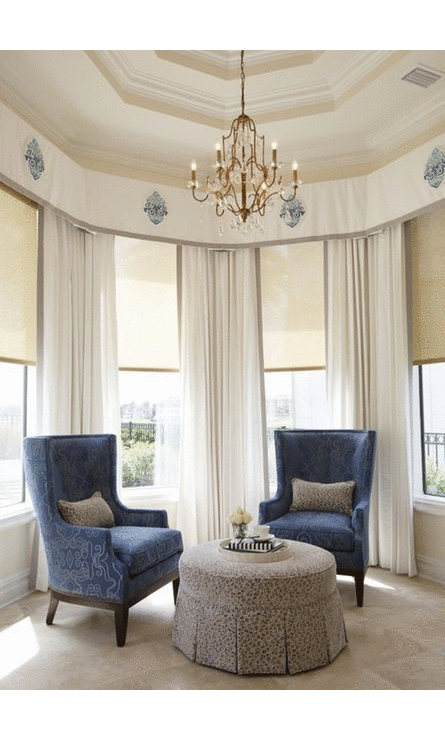 White curtains with grey velvet ribbon trimming