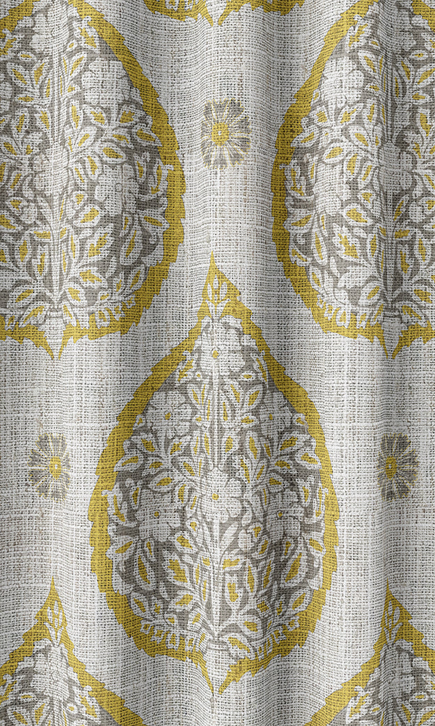 Paisley Pinch Pleat, Rod Pocket, Eyelet Curtains (Yellow/ Gray)