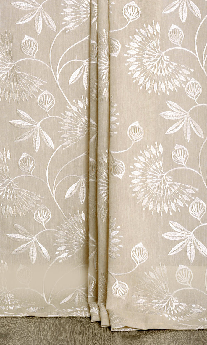 Floral Semi Sheer Drapes for Living, Bedroom, Kitchen, Bathroom (Wheat Beige/ White)