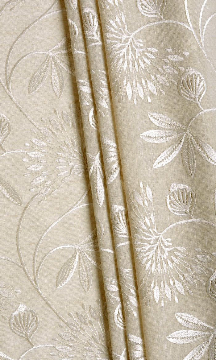 Floral Semi Sheer Pinch Pleat, Rod Pocket, Eyelet Curtains (Wheat Beige/ White)