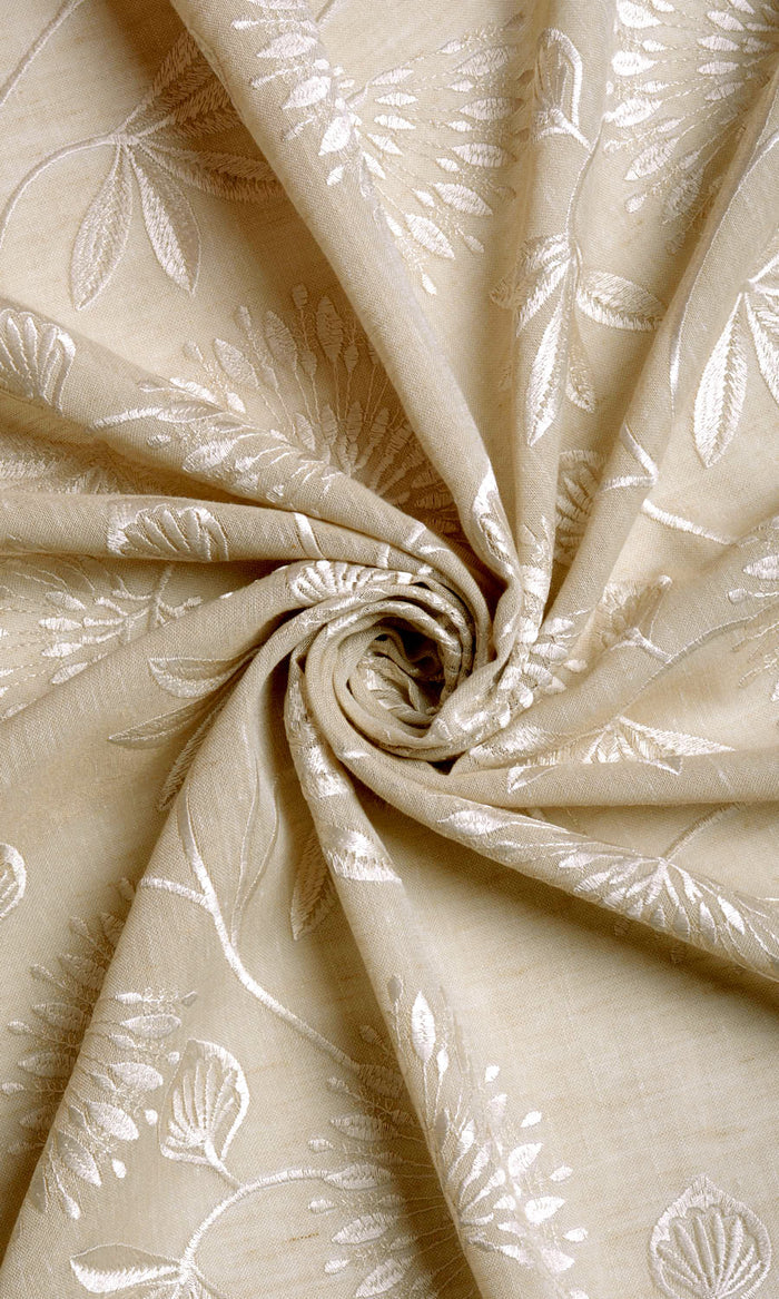 Floral Semi Sheer Curtains / Drapes / Window Drapery Panels (Wheat Beige/ White)