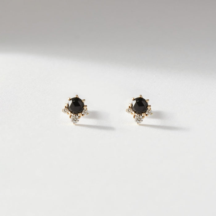 Full Moon Glow Diamond Black Onyx Earring in 14k yellow gold with black onyx and diamonds, studio detail view