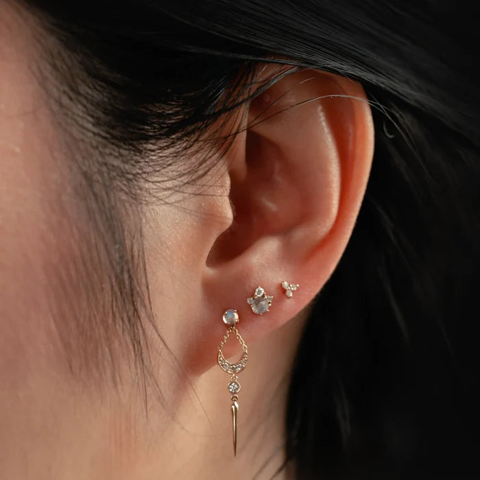 Full Moon Glow Diamond Moonstone Earring, shown worn on hand