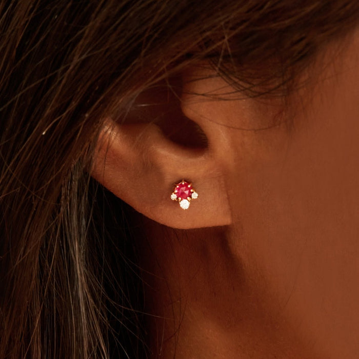 Full Moon Glow Diamond Ruby Earring in 14k yellow gold with ruby and diamonds, shown worn on hand