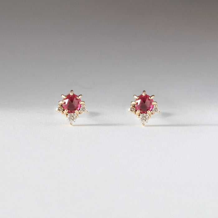 Full Moon Glow Diamond Ruby Earring in 14k yellow gold with ruby and diamonds, studio detail view