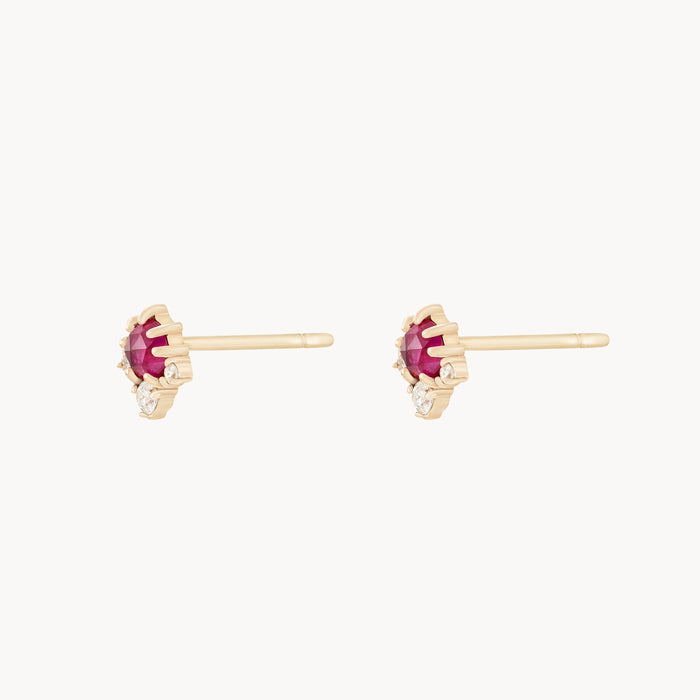 Full Moon Glow Diamond Ruby Earring in 14k yellow gold with ruby and diamonds, alternate angle detail view
