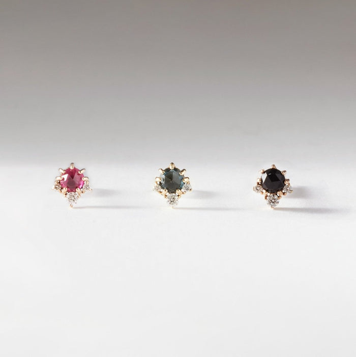 Full Moon Glow Diamond Ruby Earring in 14k yellow gold with ruby and diamonds, alternate angle detail view 2