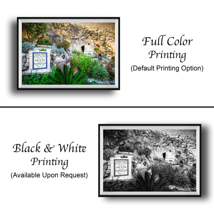 The image is a collage of two framed pictures. The left frame shows a full color image of a garden with a sign, while the right frame is a black and white image of the same garden. The text below the images indicates that the full color printing is the default option, and the black and white version is available upon request.