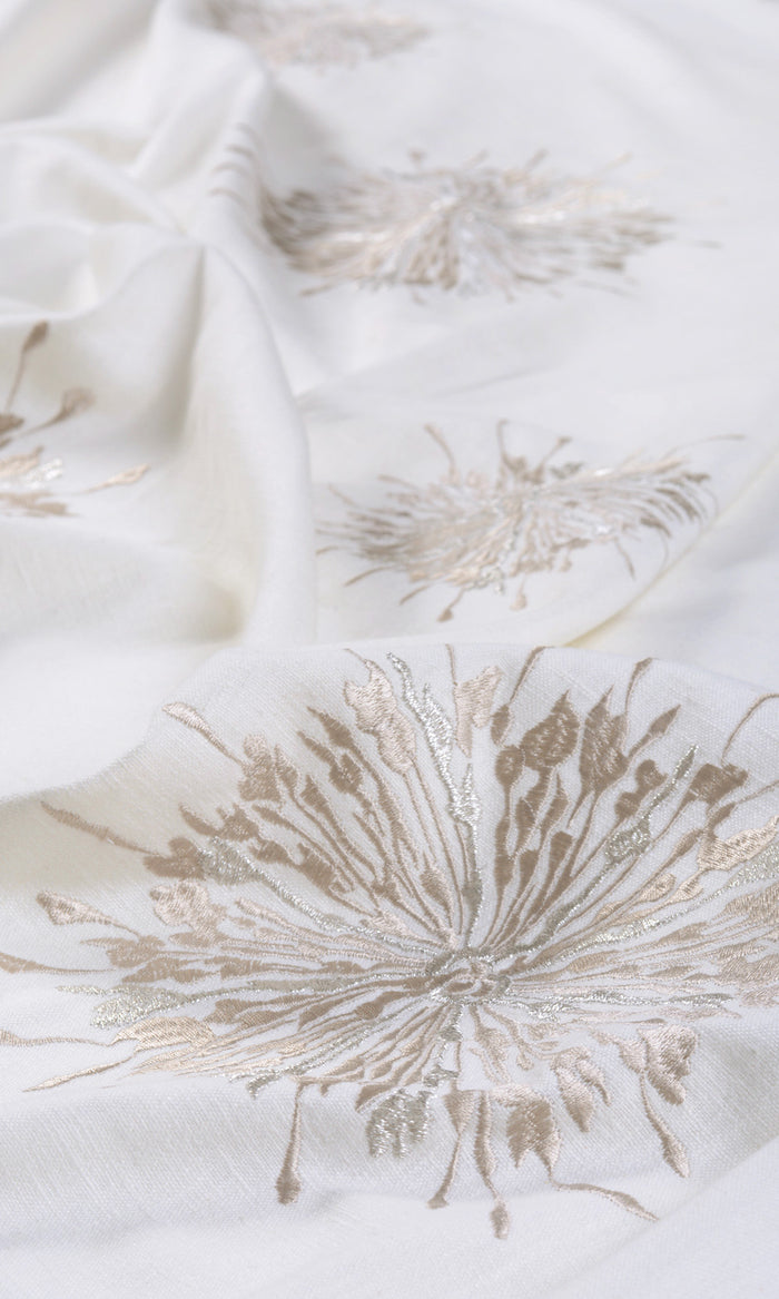 Sunburst Embroidered Fabric By the Metre for Curtains & Drapes (White & Pale Beige)