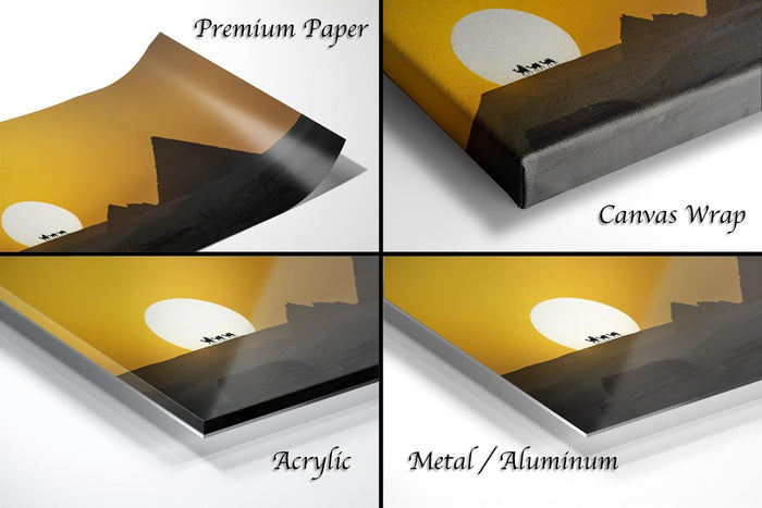 The image is a collage of four different images, each depicting a sunset landscape. The images are labeled as "Premium Paper", "Canvas Wrap", "Acrylic", and "Metal/Aluminum".
