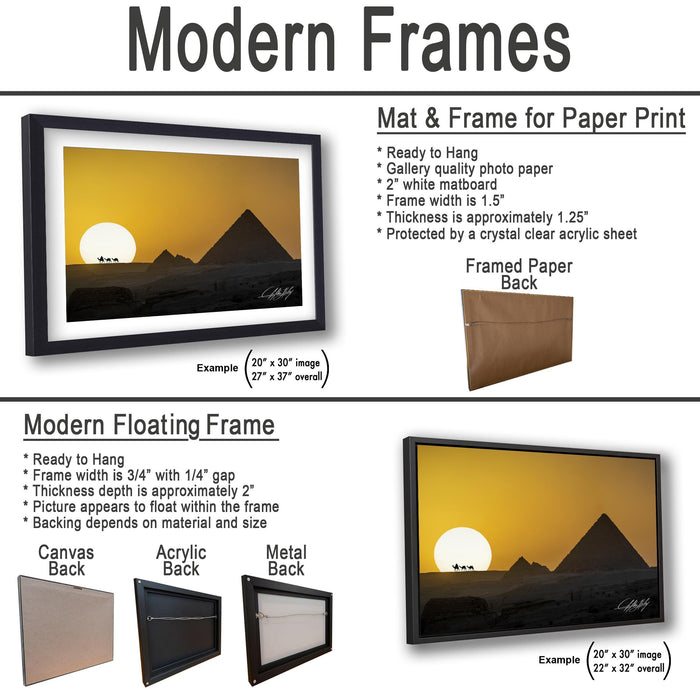 The image is a collage of three framed artworks, each with a different frame design and material. The first frame is a modern floating frame, the second is a mat and frame for paper print, and the third is a mat and frame for paper print.