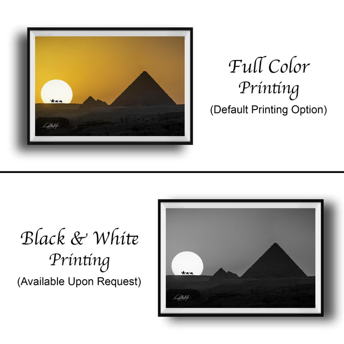 The image is a collage of two framed pictures depicting the silhouette of the pyramids against a sunset sky. The first picture is in black and white, while the second picture is in full color. The text indicates that the full color printing is the default option, and the black and white version is available upon request.