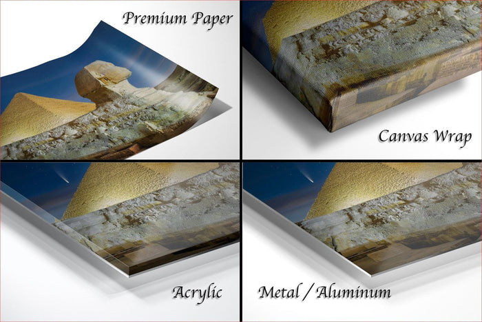 The image is a collage of four different images, each depicting a different type of paper used to print a photograph of the Great Pyramid of Giza. The images include "Premium Paper", "Canvas Wrap", "Acrylic", and "Metal/Aluminum".