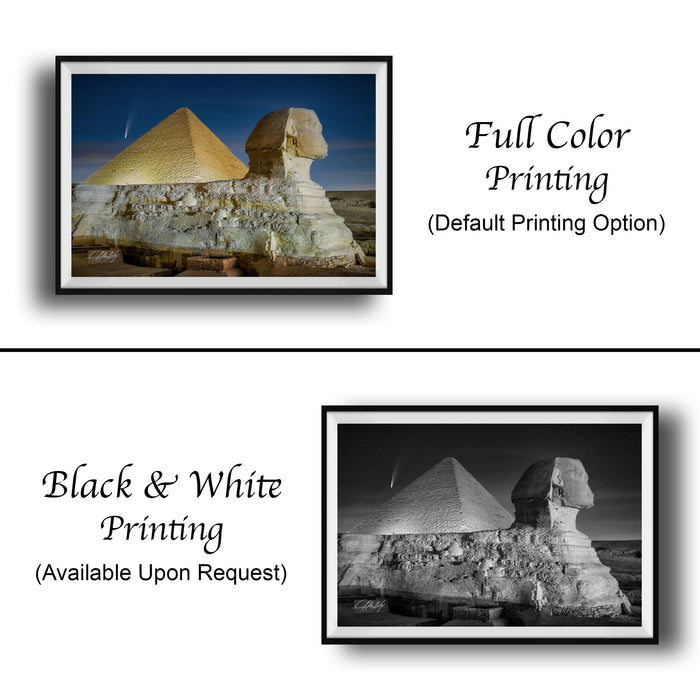 The image is a collage of two framed photographs. The top photograph is a black and white image of the Great Pyramids of Giza, while the bottom photograph is a full color image of the same iconic landmark. The text below the images indicates that the full color printing is the default option, and the black and white version is available upon request.