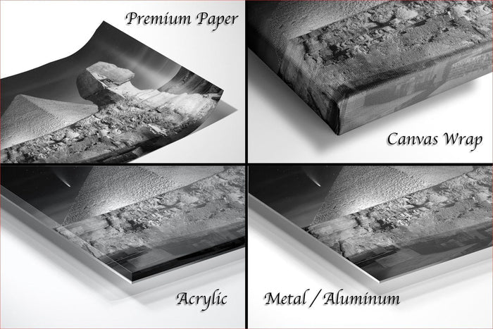 The image is a collage of four photographs depicting different types of materials used for framing artwork, including premium paper, canvas wrap, acrylic, and metal/aluminum.