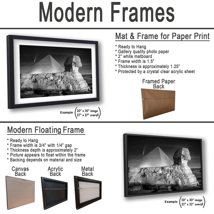 The image is a comparison of modern frames and a mat & frame for a paper print. It features two framed pictures of the Great Sphinx of Giza, one in a modern floating frame and the other in a mat & frame. The text provides details about the frames, such as their size, material, and protective backing.