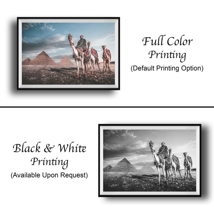 The image is a collage of two framed photographs. The top photograph depicts a group of people riding camels in a desert landscape with sand dunes and pyramids in the background. The bottom photograph shows a group of people riding camels in a desert landscape with sand dunes and pyramids in the background. Both photographs are labeled as "Full Color Printing" and "Black & White Printing" and are available upon request.