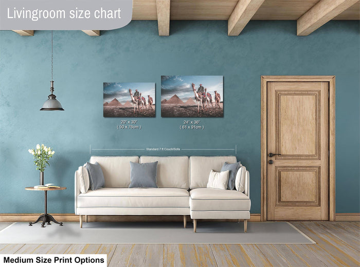a living room with a white sofa, a wooden door, and a painting of camels on the wall. The living room has a blue wall and a wooden floor.