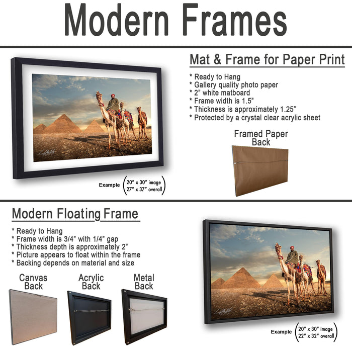 The image is a comparison of modern frames for different types of artwork, including a mat and frame for paper print, a framed paper back, and a modern floating frame.