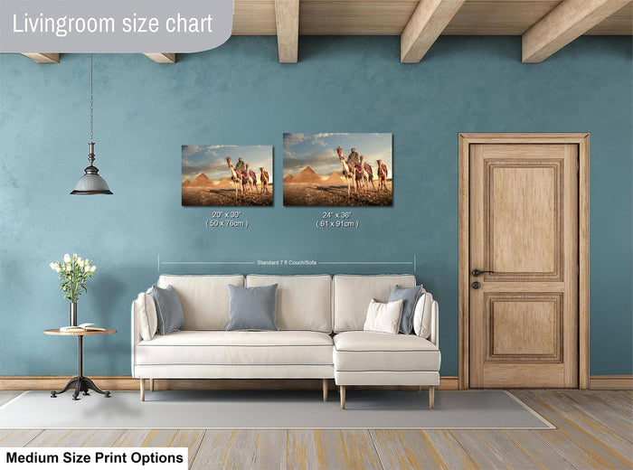 a living room with a white sofa, a wooden door, and a painting of camels on the wall. The painting is of a desert landscape with a camel and a pyramid in the background. The living room has a blue wall and a wooden floor.