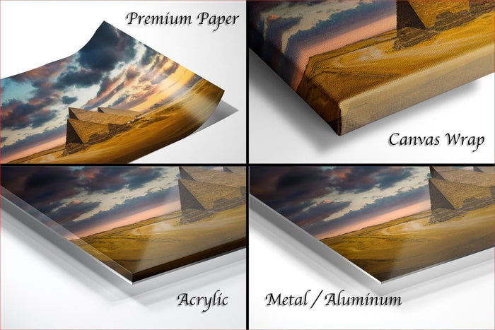 The image is a collage of four different images, each depicting a sunset landscape. The images are labeled as "Premium Paper", "Canvas Wrap", "Acrylic", and "Metal/Aluminum".